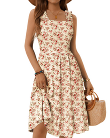Armenia Midi Dress for Women – Summer Dress with Square Neck and Elastic Straps, Flowing A-Line Cut with Ruffles