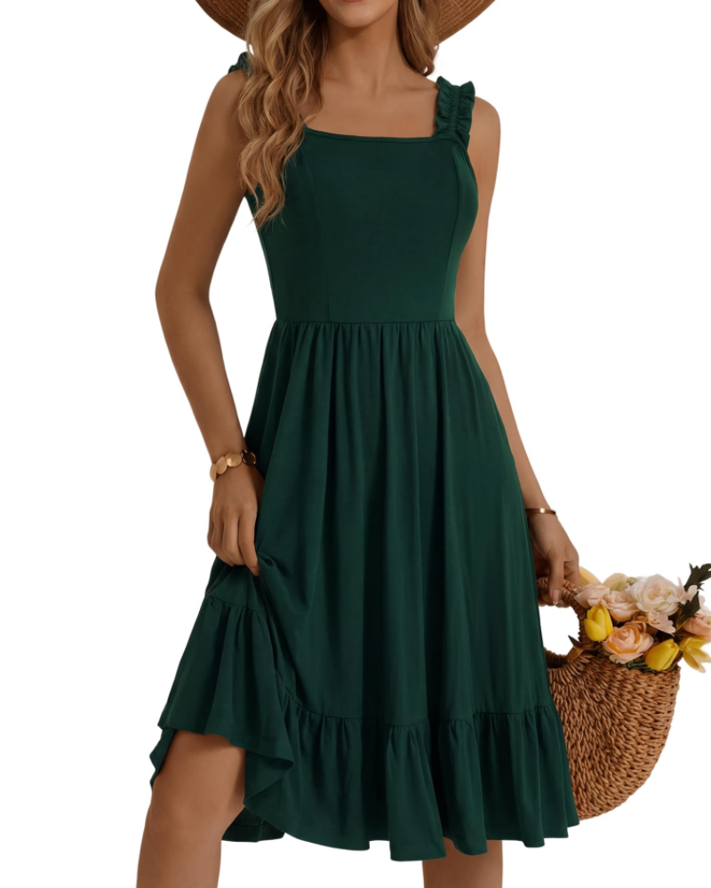 Armenia Midi Dress for Women – Summer Dress with Square Neck and Elastic Straps, Flowing A-Line Cut with Ruffles