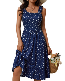 Armenia Midi Dress for Women – Summer Dress with Square Neck and Elastic Straps, Flowing A-Line Cut with Ruffles