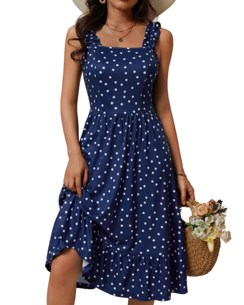 Armenia Midi Dress for Women – Summer Dress with Square Neck and Elastic Straps, Flowing A-Line Cut with Ruffles