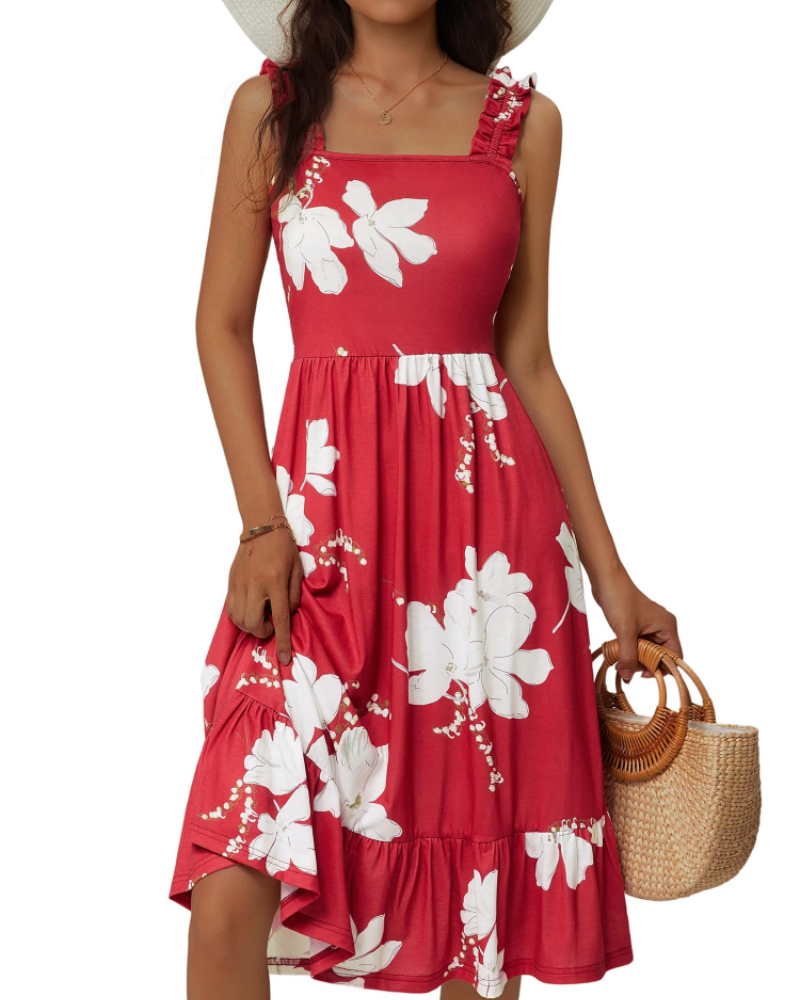 Armenia Midi Dress for Women – Summer Dress with Square Neck and Elastic Straps, Flowing A-Line Cut with Ruffles