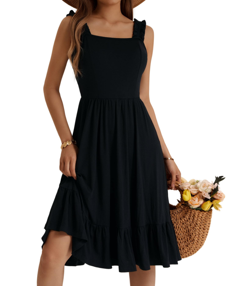 Armenia Midi Dress for Women – Summer Dress with Square Neck and Elastic Straps, Flowing A-Line Cut with Ruffles