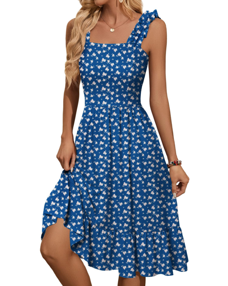 Armenia Midi Dress for Women – Summer Dress with Square Neck and Elastic Straps, Flowing A-Line Cut with Ruffles