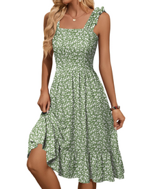 Armenia Midi Dress for Women – Summer Dress with Square Neck and Elastic Straps, Flowing A-Line Cut with Ruffles