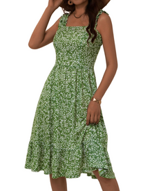 Armenia Midi Dress for Women – Summer Dress with Square Neck and Elastic Straps, Flowing A-Line Cut with Ruffles