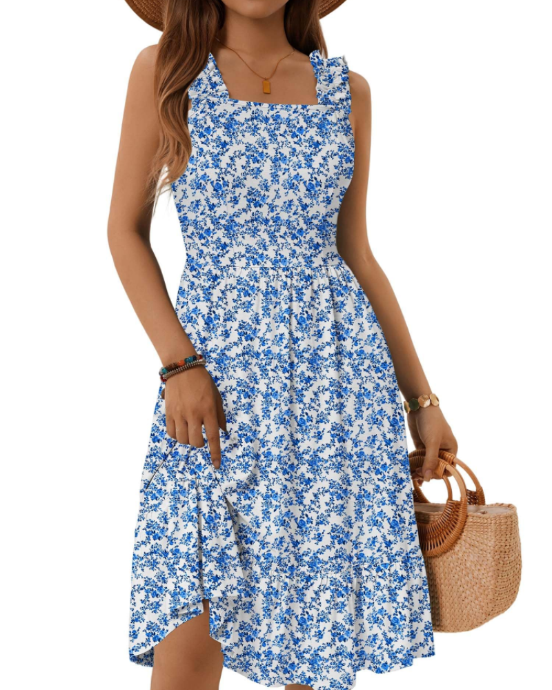 Armenia Midi Dress for Women – Summer Dress with Square Neck and Elastic Straps, Flowing A-Line Cut with Ruffles