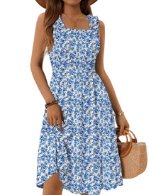 Armenia Midi Dress for Women – Summer Dress with Square Neck and Elastic Straps, Flowing A-Line Cut with Ruffles