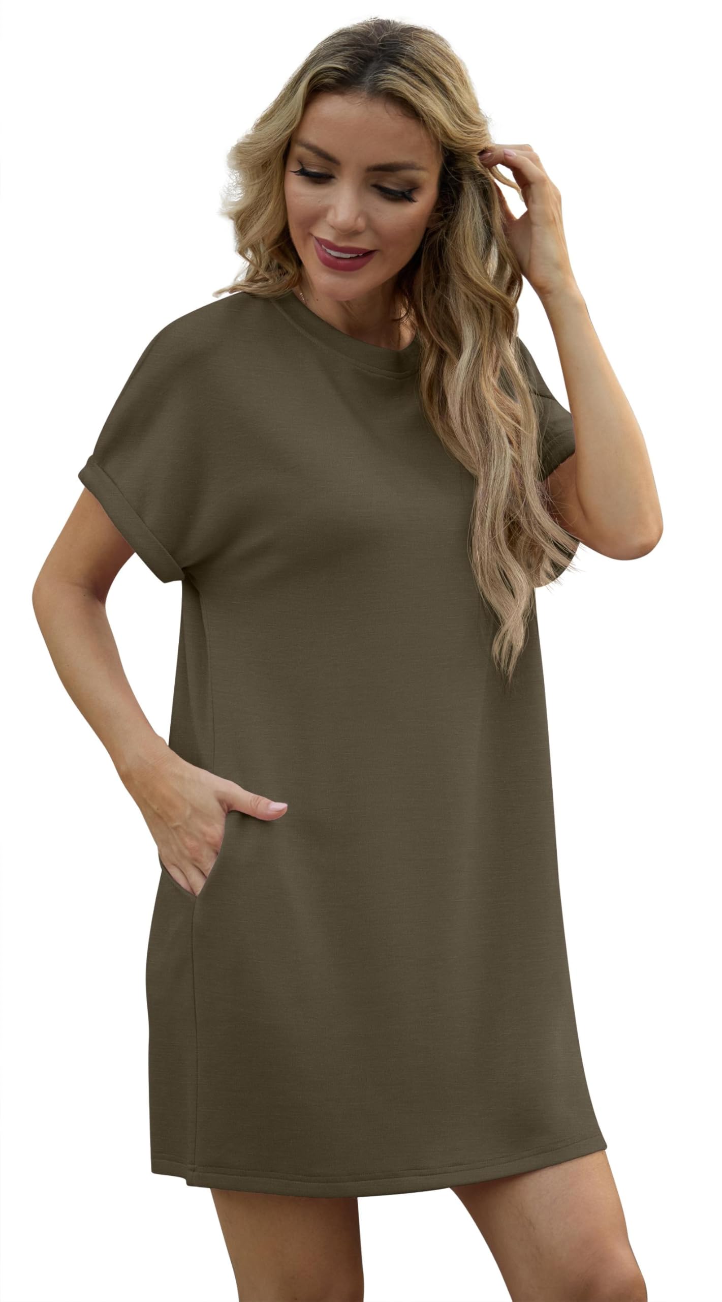 Lewina Women's Robe – Round Neck, Short Sleeves, A-Line Mini Cut & Solid Pockets Summer