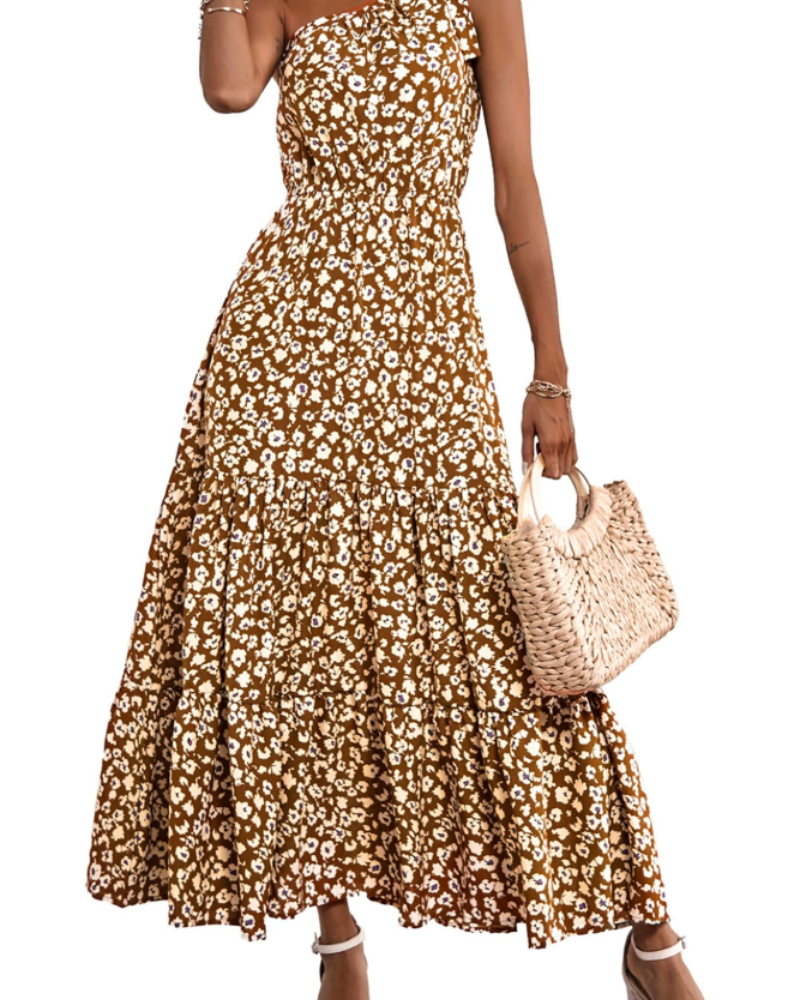 Avira Women's Dress – Floral Asymmetric Maxi Dress One Shoulder, Flowing Bohemian Summer Cut