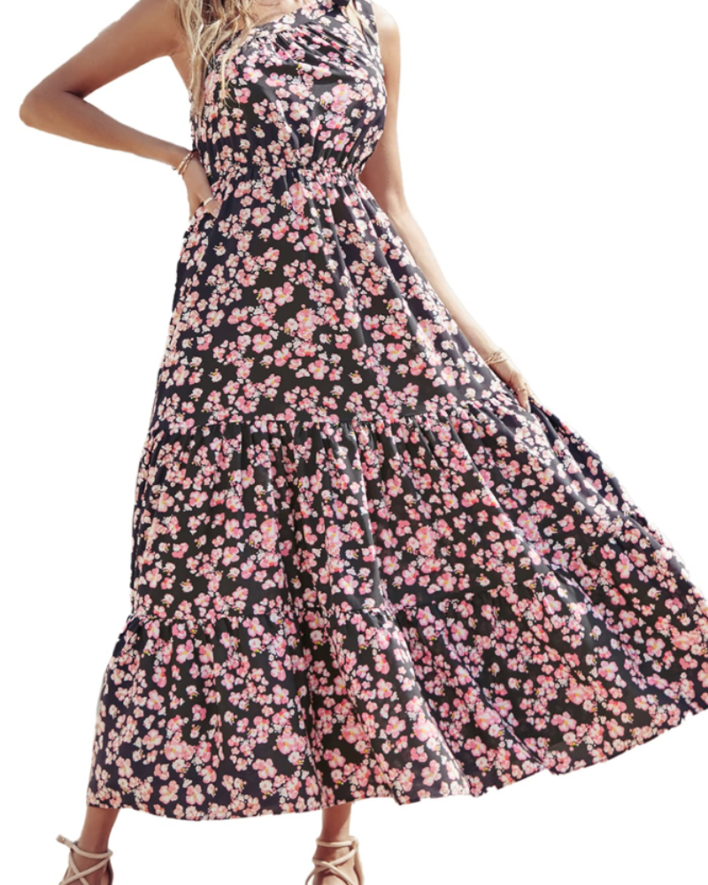Avira Women's Dress – Floral Asymmetric Maxi Dress One Shoulder, Flowing Bohemian Summer Cut