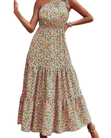 Avira Women's Dress – Floral Asymmetric Maxi Dress One Shoulder, Flowing Bohemian Summer Cut