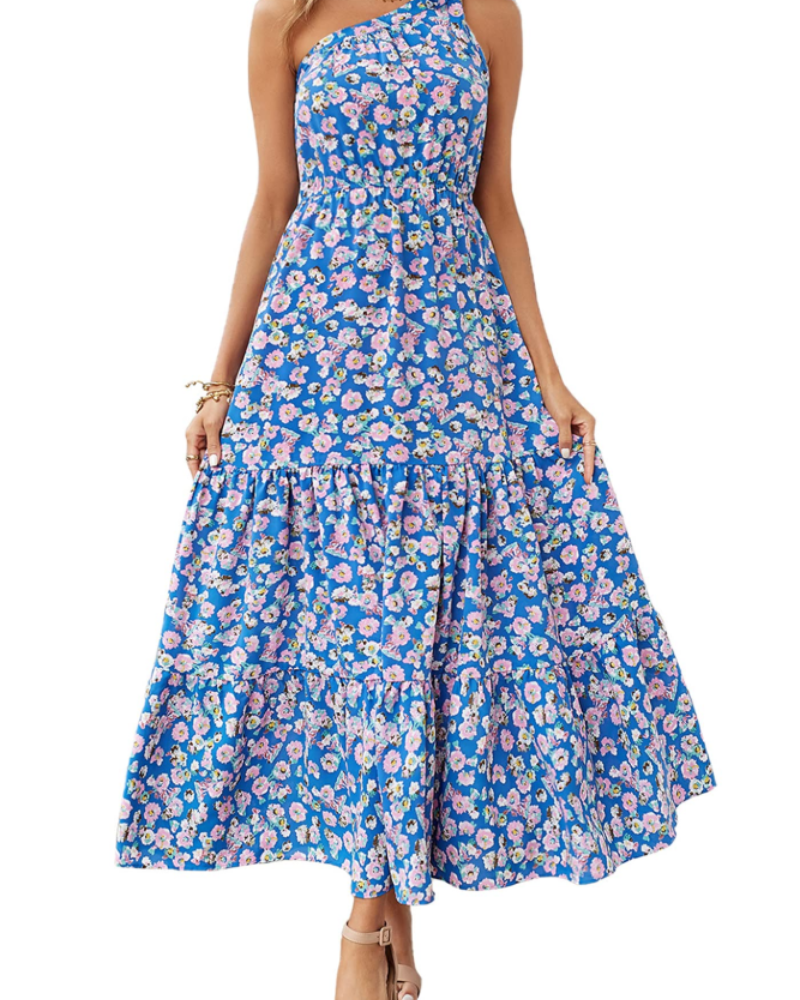 Avira Women's Dress – Floral Asymmetric Maxi Dress One Shoulder, Flowing Bohemian Summer Cut