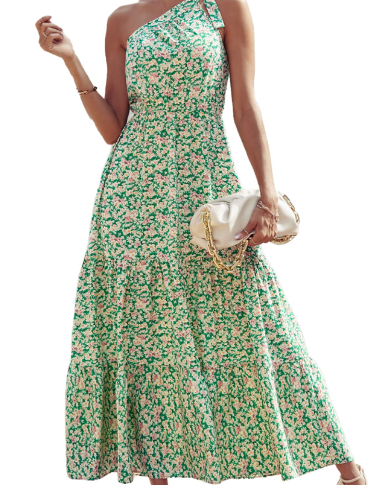 Avira Women's Dress – Floral Asymmetric Maxi Dress One Shoulder, Flowing Bohemian Summer Cut