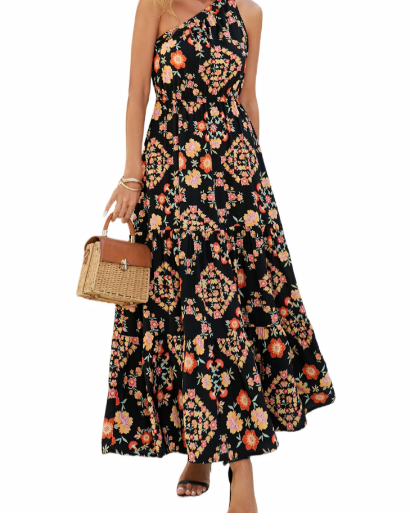 Avira Women's Dress – Floral Asymmetric Maxi Dress One Shoulder, Flowing Bohemian Summer Cut