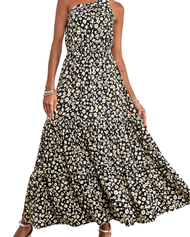 Avira Women's Dress – Floral Asymmetric Maxi Dress One Shoulder, Flowing Bohemian Summer Cut