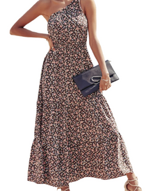 Avira Women's Dress – Floral Asymmetric Maxi Dress One Shoulder, Flowing Bohemian Summer Cut