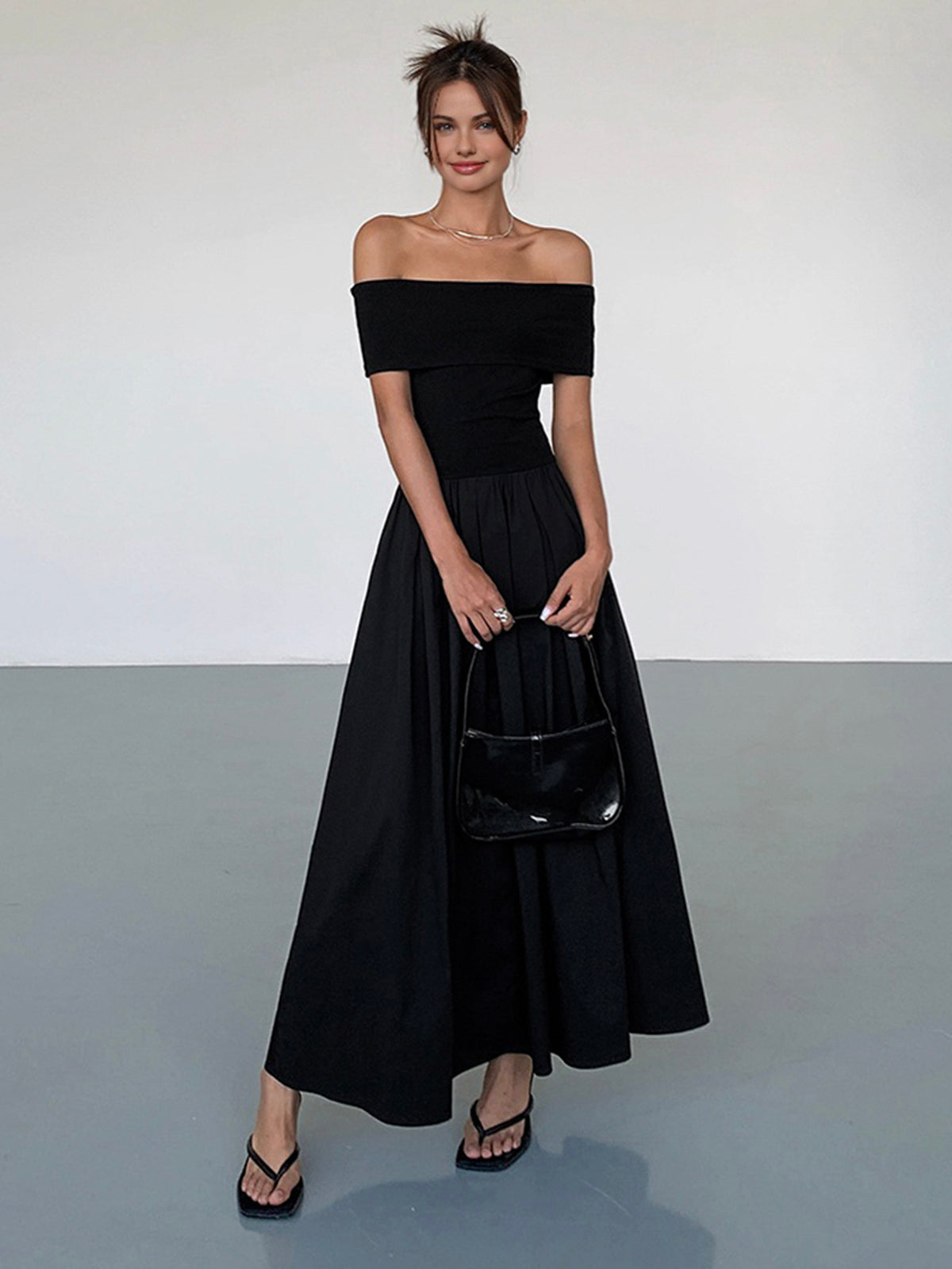 Kisha Maxi Dress for Women – Elegant Off-Shoulder Dress with Flowing Pleated Skirt