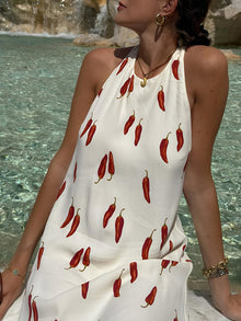 Natalia Summer Dress Women – Short Backless Dress with Red Chili Print & Light Cut