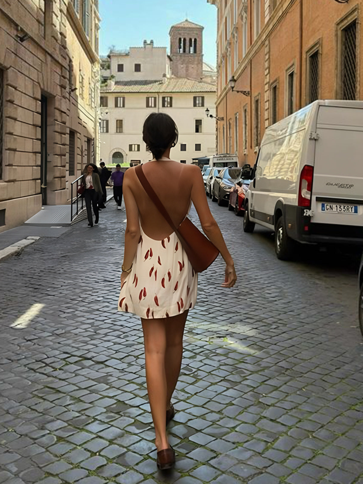 Natalia Summer Dress Women – Short Backless Dress with Red Chili Print & Light Cut