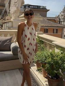 Natalia Summer Dress Women – Short Backless Dress with Red Chili Print & Light Cut
