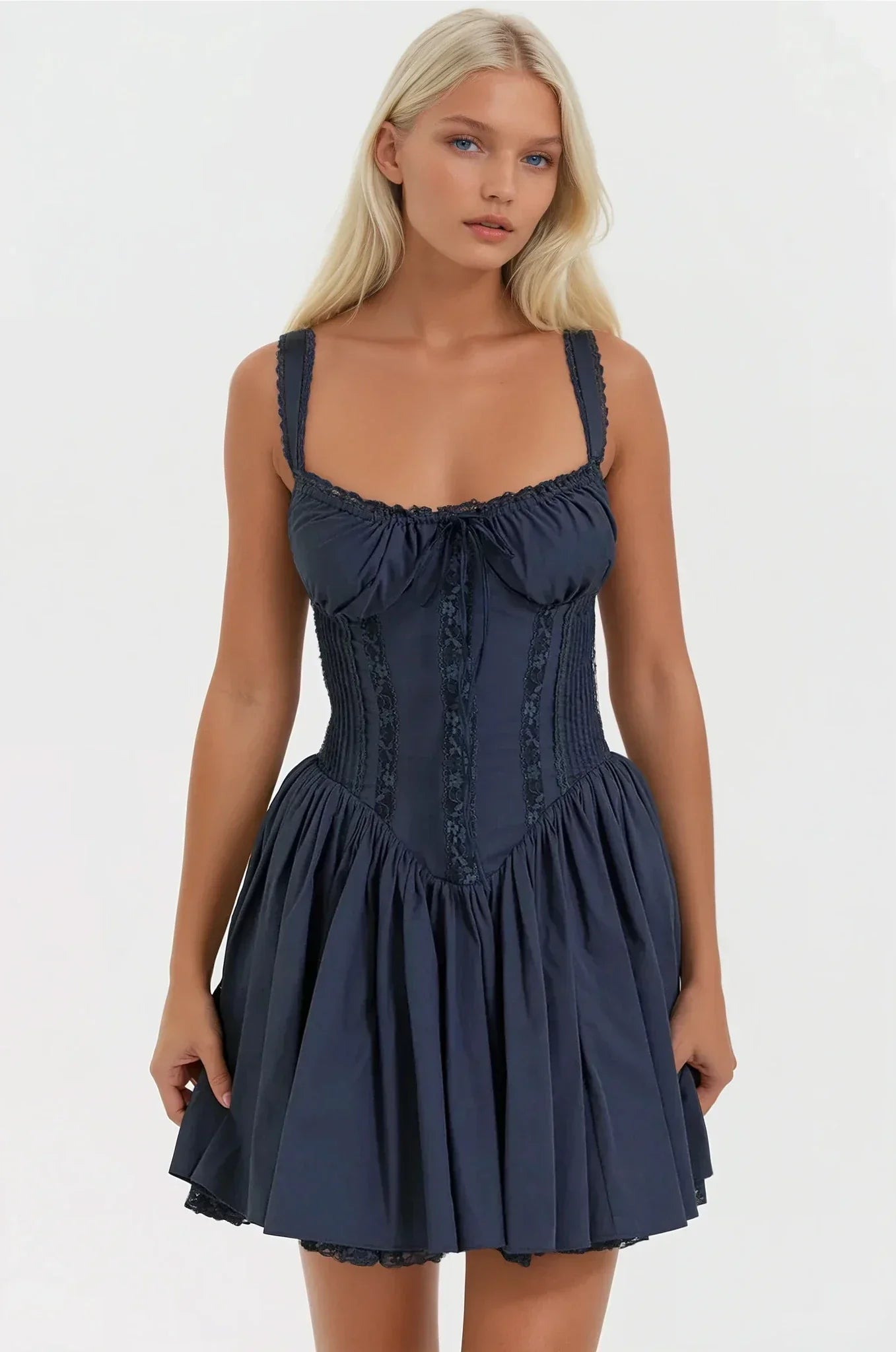 Syra Short Dress Woman – Satin Corset Dress with Flared Babydoll Skirt & Lace Finishes
