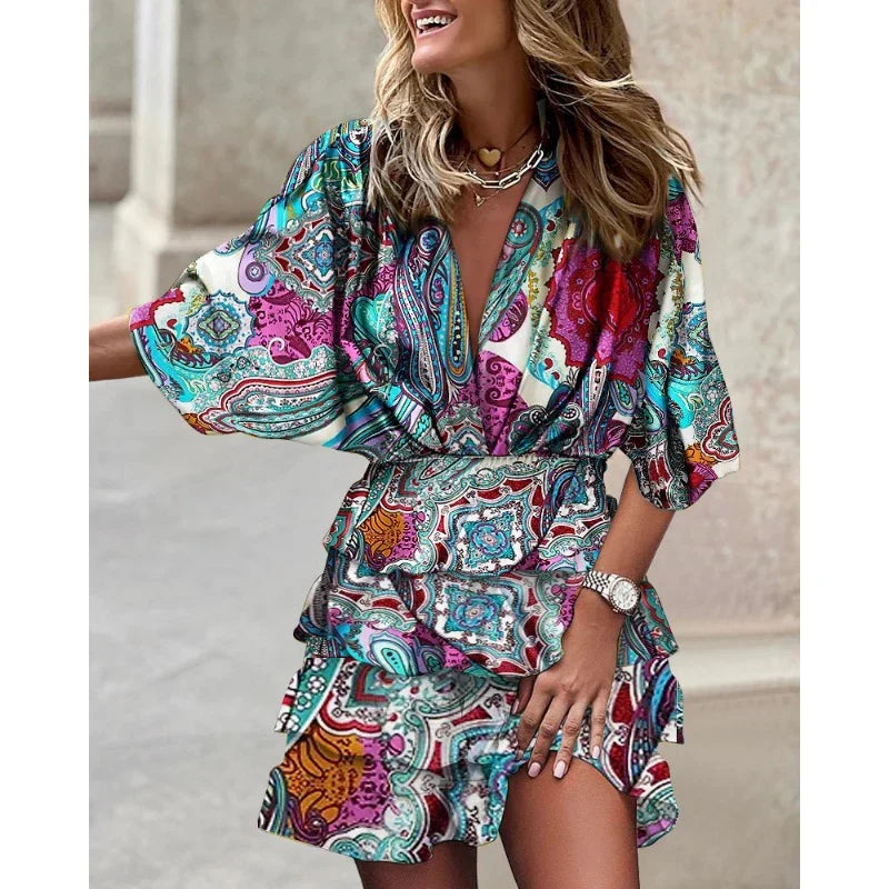 Summer Dress Women Anastasia – Short Sleeve Dress with V Neck and Elastic Waist for Hot Days