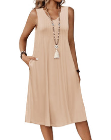 Zita Women's Dress – Sleeveless V-Neck, A-Line Midi Cut & Pleated Waist Pockets Summer