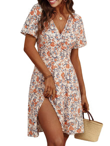 Petalina Women's Robe – Floral V-Neck Wrap, A-Line Midi Cut & Short Sleeves Summer