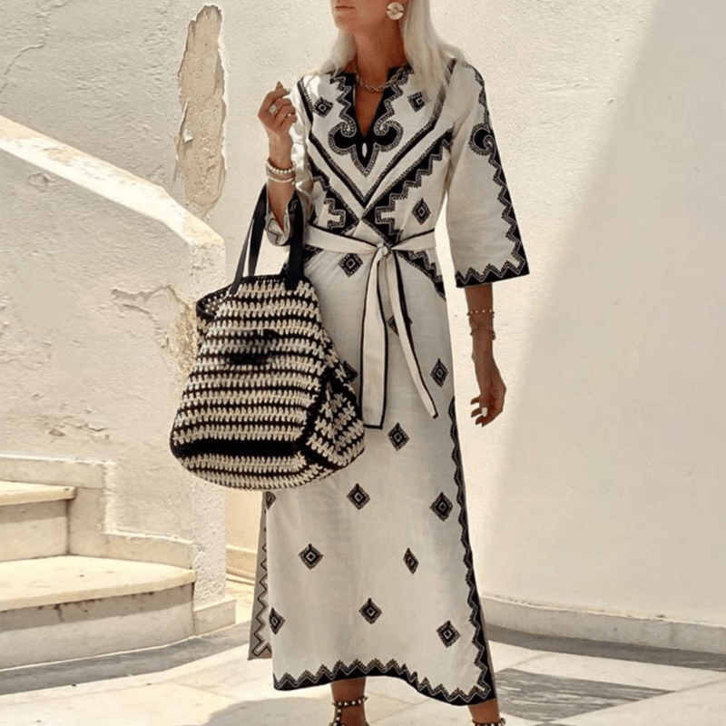 Bérengère Embroidered Long Dress Woman – Adjustable Belted Waist & Elegant ¾ Sleeves