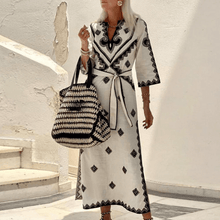 Bérengère Embroidered Long Dress Woman – Adjustable Belted Waist & Elegant ¾ Sleeves