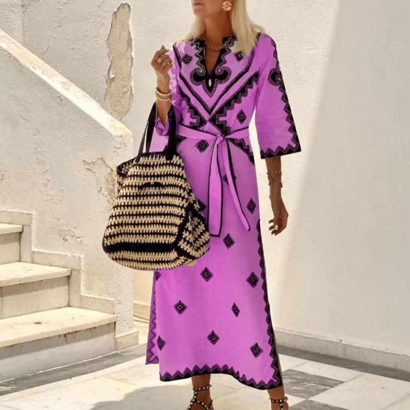 Bérengère Embroidered Long Dress Woman – Adjustable Belted Waist & Elegant ¾ Sleeves