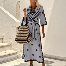 Bérengère Embroidered Long Dress Woman – Adjustable Belted Waist & Elegant ¾ Sleeves