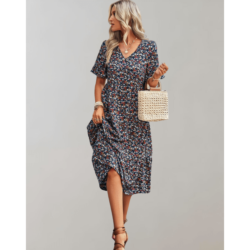 Bianka Robe Midi Woman – Light Floral Print with Flowing Cut and Romantic Butterfly Sleeves