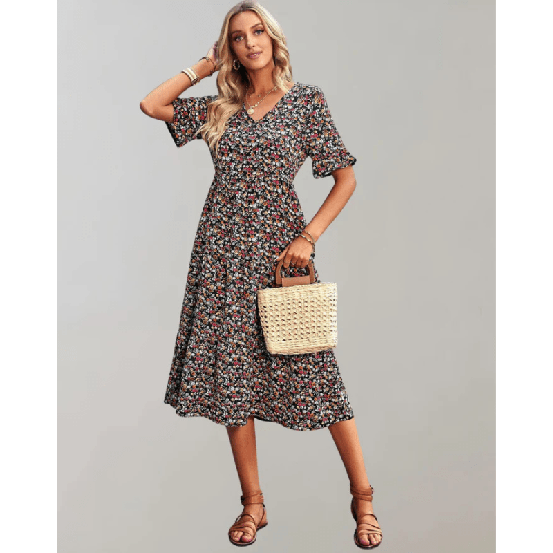Bianka Robe Midi Woman – Light Floral Print with Flowing Cut and Romantic Butterfly Sleeves