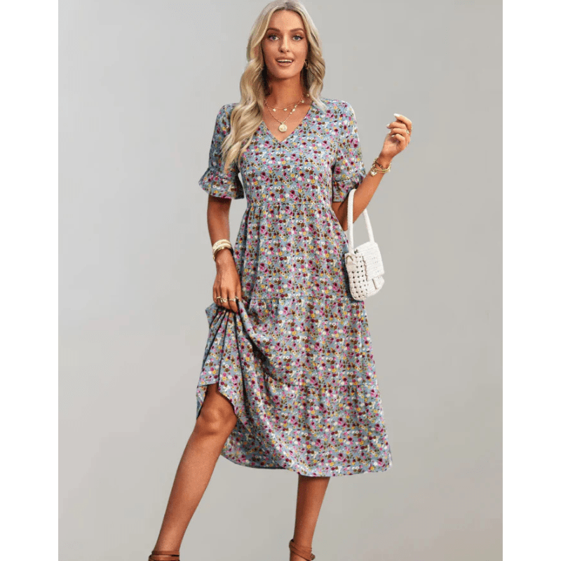 Bianka Robe Midi Woman – Light Floral Print with Flowing Cut and Romantic Butterfly Sleeves
