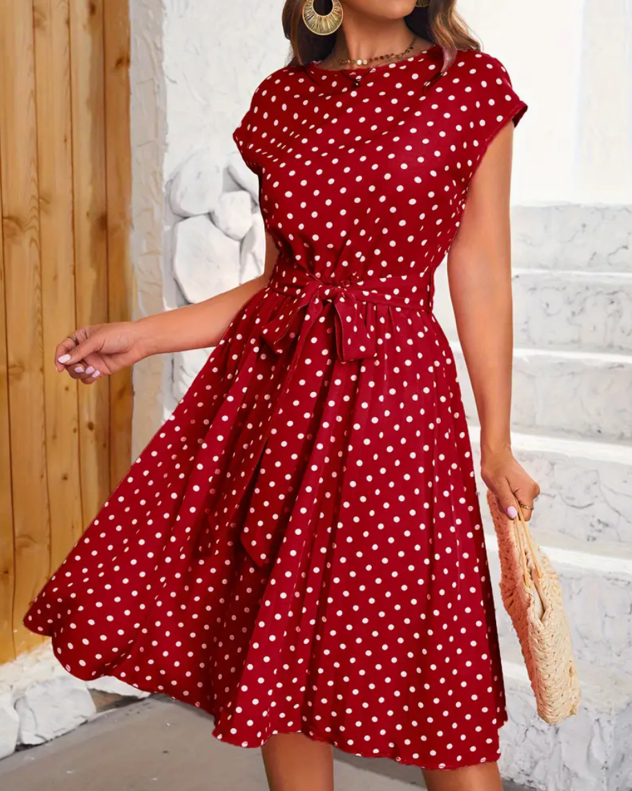 Summer Dress Woman Thea – Vintage Polka Dot Dress with Fluid Cut & Timeless Elegance