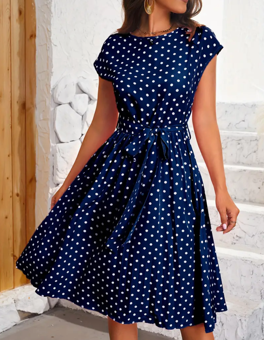 Summer Dress Woman Thea – Vintage Polka Dot Dress with Fluid Cut & Timeless Elegance