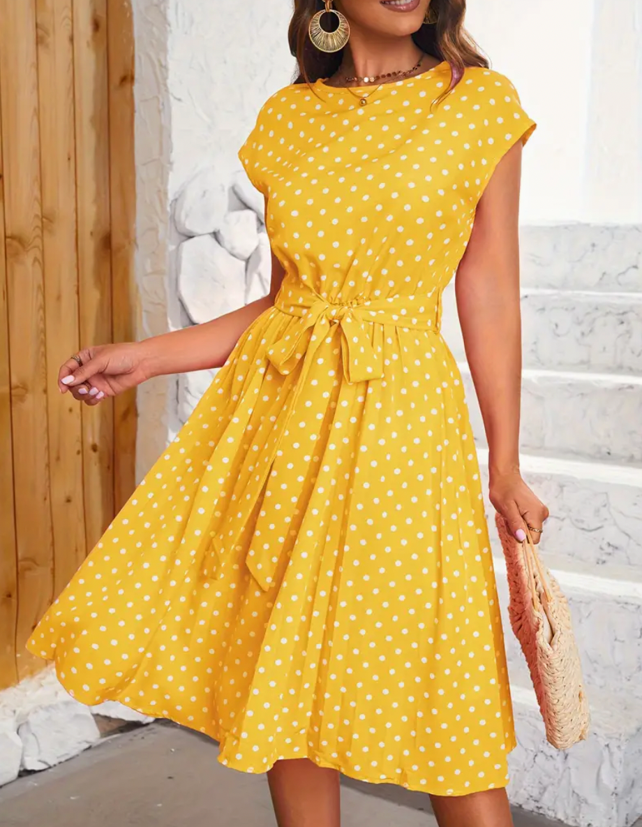 Summer Dress Woman Thea – Vintage Polka Dot Dress with Fluid Cut & Timeless Elegance