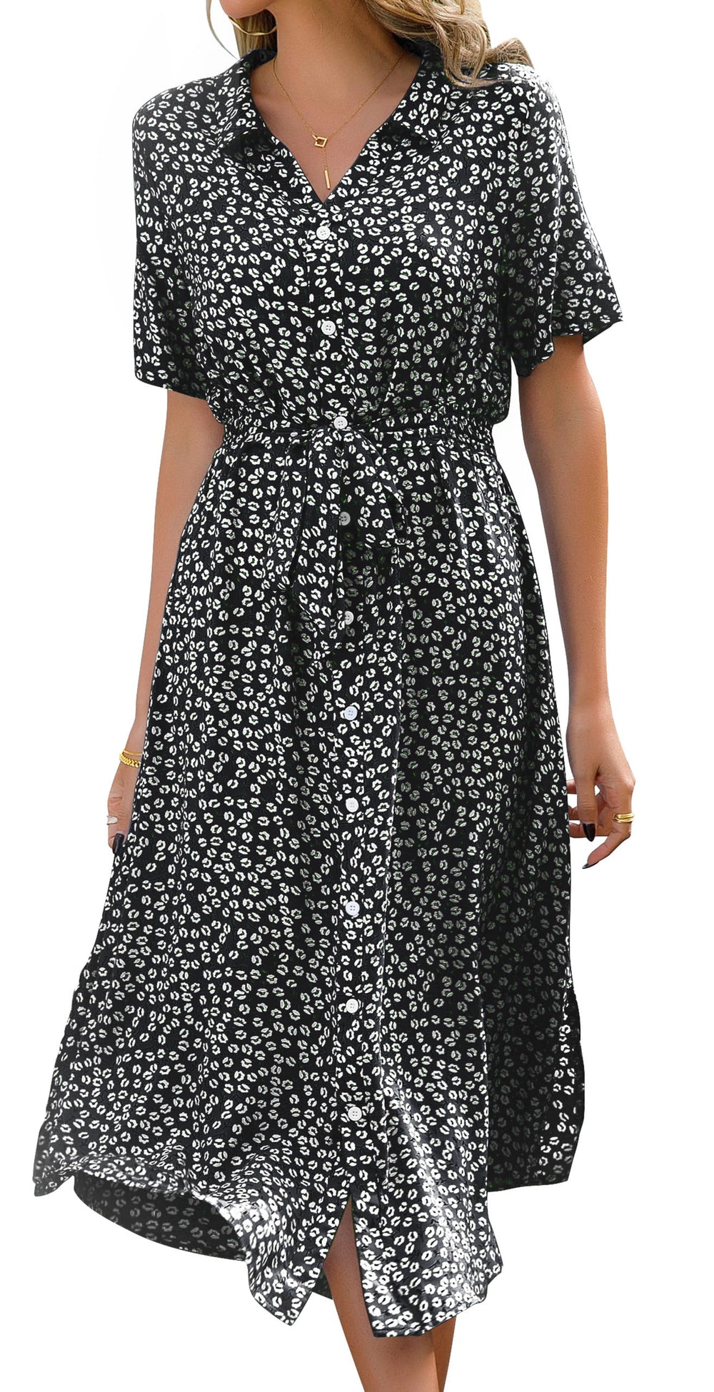 Roselle Women's Dress – V-Neck Floral, Midi Cut with Belt & Elegant Summer Slit