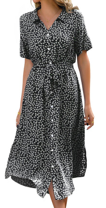 Roselle Women's Dress – V-Neck Floral, Midi Cut with Belt & Elegant Summer Slit