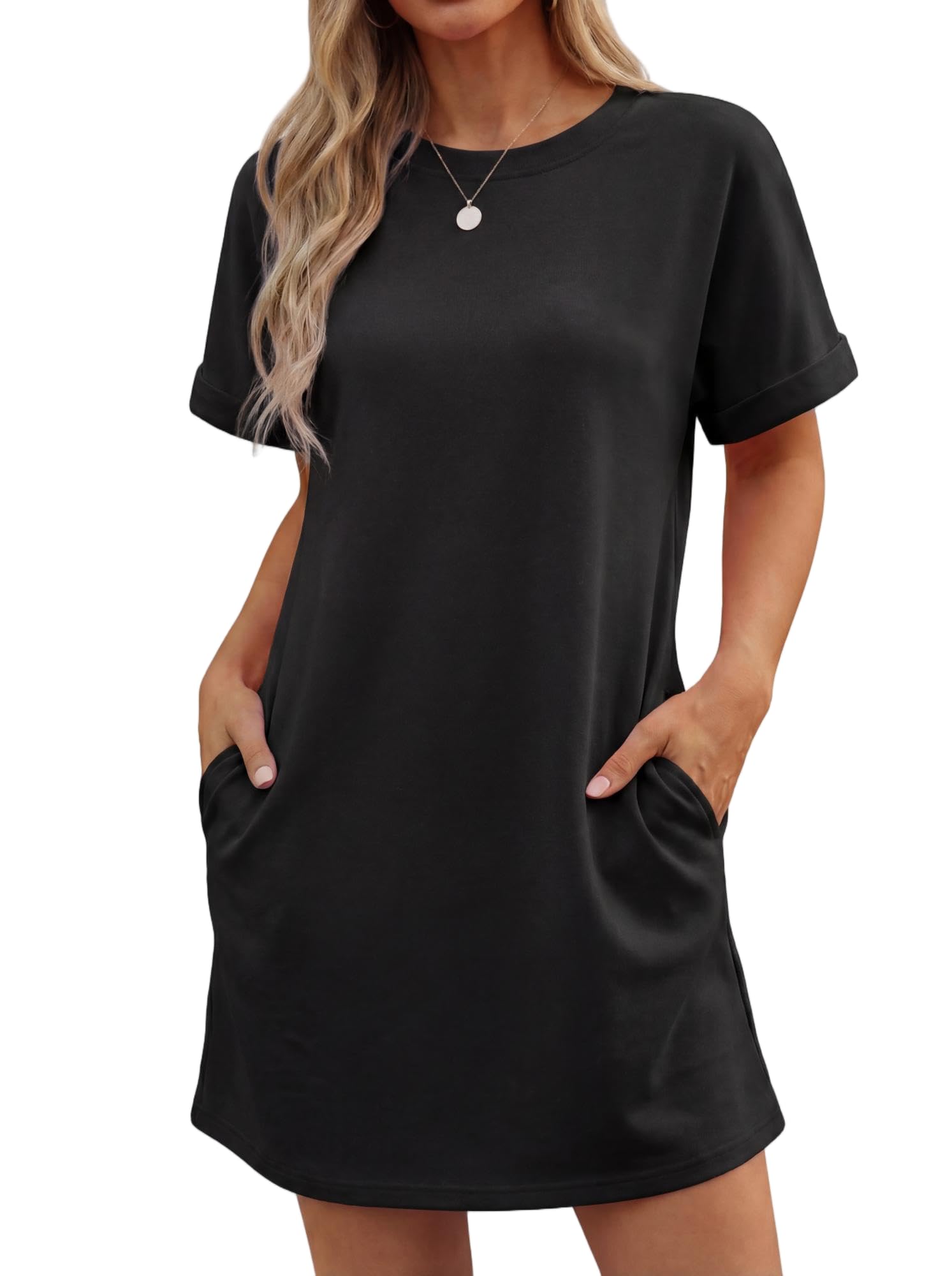 Lewina Women's Robe – Round Neck, Short Sleeves, A-Line Mini Cut & Solid Pockets Summer