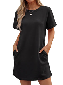 Lewina Women's Robe – Round Neck, Short Sleeves, A-Line Mini Cut & Solid Pockets Summer