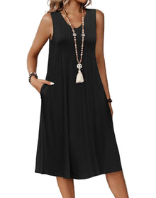 Zita Women's Dress – Sleeveless V-Neck, A-Line Midi Cut & Pleated Waist Pockets Summer