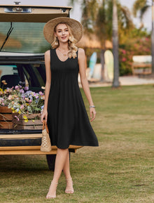 Zita Women's Dress – Sleeveless V-Neck, A-Line Midi Cut & Pleated Waist Pockets Summer