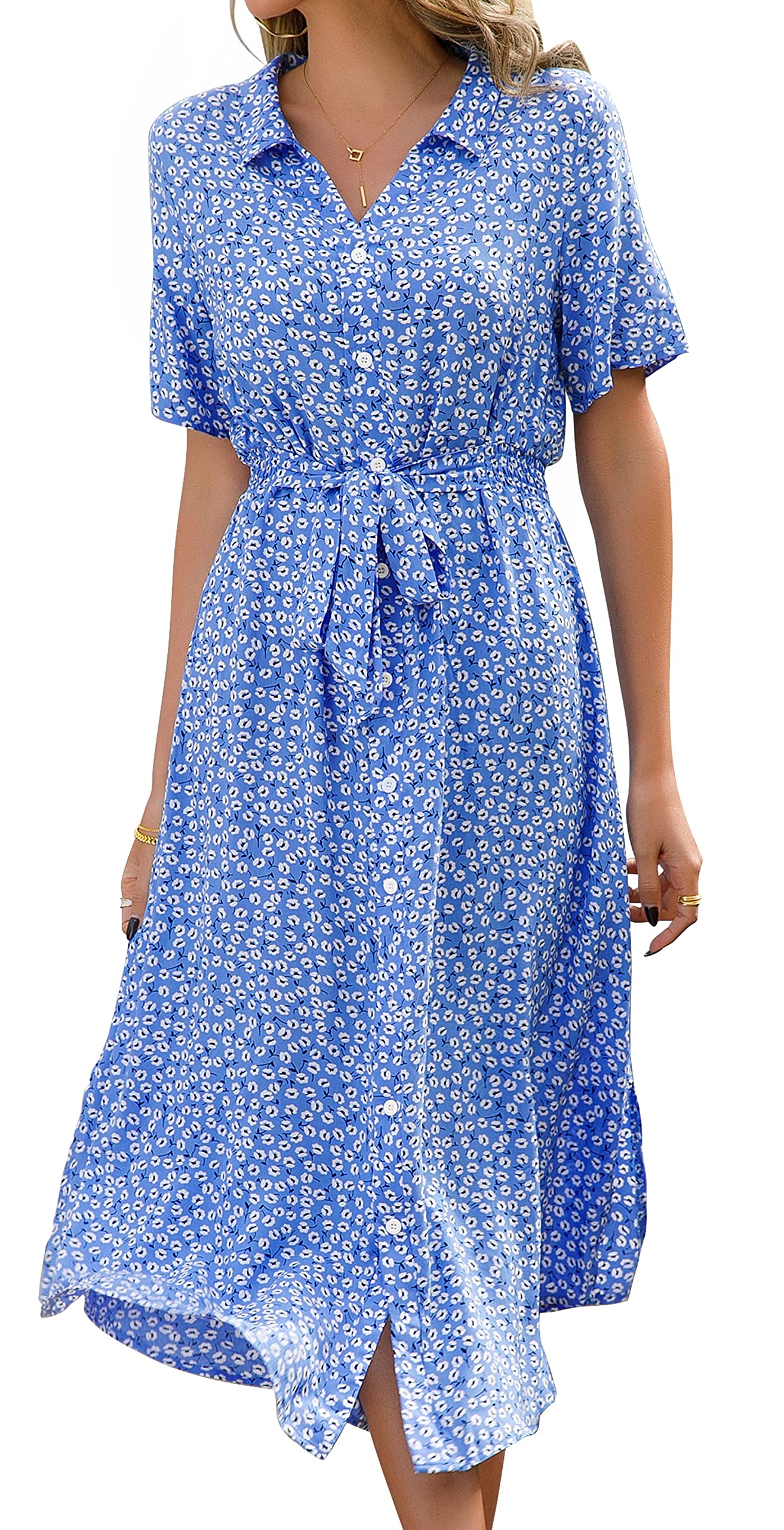 Roselle Women's Dress – V-Neck Floral, Midi Cut with Belt & Elegant Summer Slit
