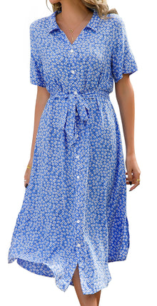 Roselle Women's Dress – V-Neck Floral, Midi Cut with Belt & Elegant Summer Slit