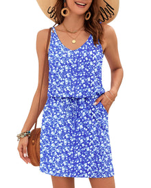 Ursula Women's Dress – V-Neck, Thin Straps, Mini Cut & Adjustable Waist with Pockets Summer
