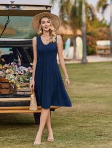 Zita Women's Dress – Sleeveless V-Neck, A-Line Midi Cut & Pleated Waist Pockets Summer