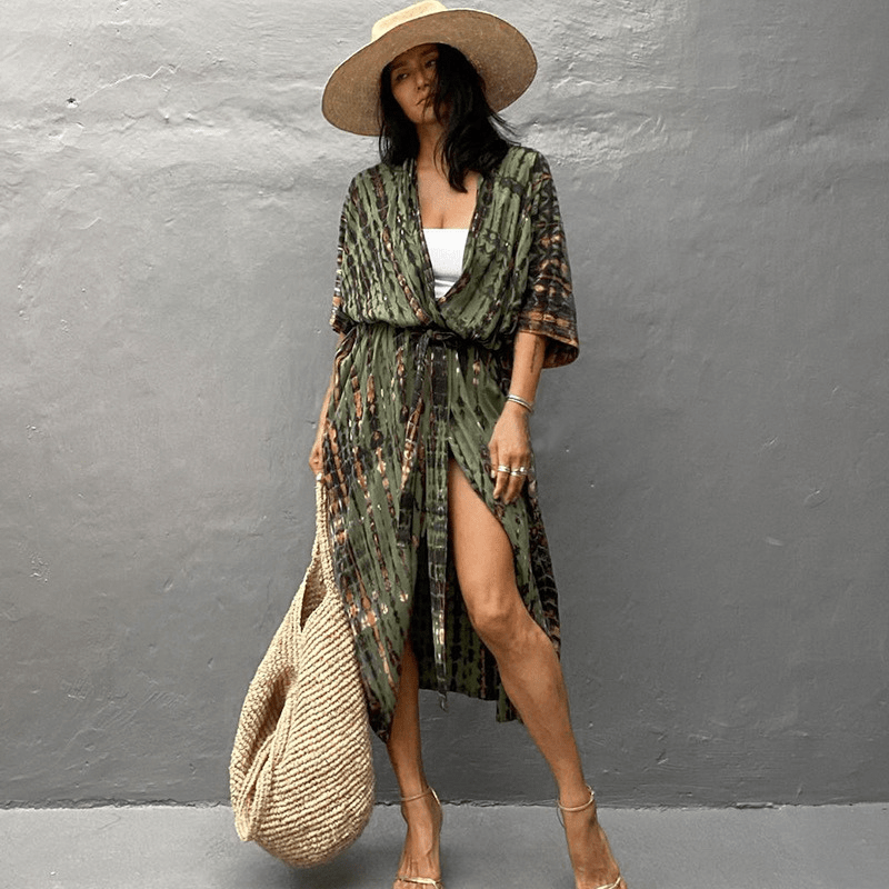 Brenna Robe Kimono Looksy – Bohemian Tie-Dye Print & Fluid Mid-Length Cut