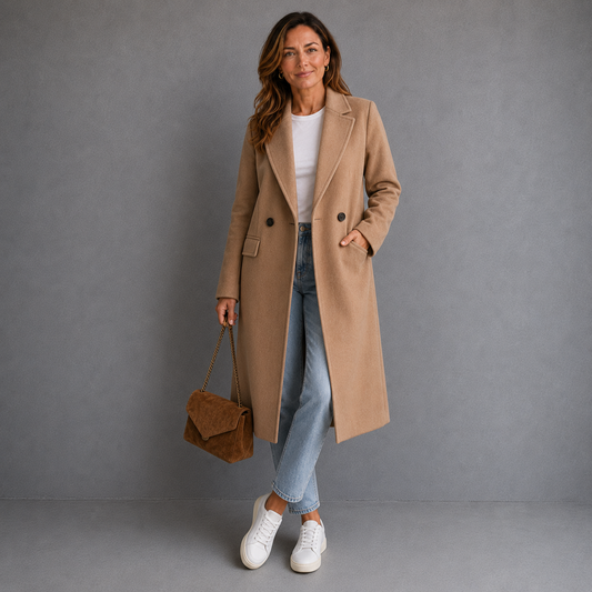 Elena Moreau | Elegant Wool Blend Long Coat For Women